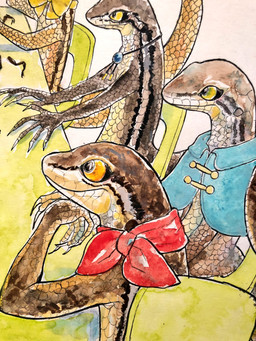 ambiguous_gender anthro biped black_body blue_clothing blue_kerchief brown_body brown_scales claws clothed clothing glistening group jewelry kerchief necklace pupils red_clothing scales scarf sitting slit_pupils smile tan_body topwear yellow_eyes kyokyota lizard reptile scalie skink 2018 3:4 hi_res painting_(artwork) traditional_media_(artwork) watercolor_(artwork)
