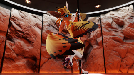 anthro bedroom_eyes dancing feathered_wings feathers looking_at_viewer male narrowed_eyes paws pole pole_dancing seductive solo spiri'vali tattoo underfluffies wings yellow_body yellow_feathers kaanavali kaan_avali avali 3d_(artwork) absurd_res digital_media_(artwork) hi_res