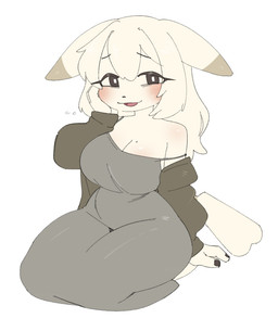 anthro big_breasts blush breasts cleavage clothed clothed_anthro clothed_female clothing dress eye_through_hair female female_anthro fingernails fingers front_view grey_clothing grey_dress hair kneeling markings mole_(marking) nails off_shoulder open_mouth open_smile simple_background smile solo tail translucent translucent_hair white_background white_body white_hair white_tail q_qringo nintendo pokemon pokemon_pokopia peakychu generation_1_pokemon pikachu pokemon_(species) 2026 digital_drawing_(artwork) digital_media_(artwork) full-length_portrait portrait