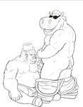 anthro bottomwear bottomwear_down clothed clothing duo erection eyewear genitals hat headgear headwear kemono male male/male moobs musclegut muscular nipples pants pants_down partially_clothed penis sitting slightly_chubby sunglasses inotetu ape common_hippopotamus gorilla haplorhine hippopotamid mammal primate 2023 hi_res