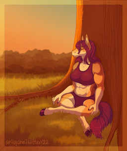 5_fingers abs against_natural_surface against_surface against_tree anthro bottomwear bra breasts clothed clothing crossed_legs crosslegged_pose eyes_closed female fingers fur hair hooves midriff muscular muscular_anthro muscular_female outside plant relaxing shorts sitting smile solo sports_bra sunset topwear tree underwear spicychaikitten equid equine horse mammal 2022 hi_res