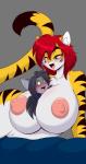 anthro big_breasts blush breasts duo female hair huge_breasts inner_ear_fluff nipple_dip nipples open_mouth red_hair smile tail tuft white_inner_ear_fluff mastergodai shaze felid mammal pantherine tiger hi_res