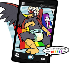 5_fingers 5_toes abdl adult_baby ageplay anthro aroused aroused_male aroused_smile baby_powder back_wings beak bisexual_pride_colors black_claws black_eyes black_finger_claws black_talons black_toe_claws blue_cere blush blush_lines bodily_fluids carpet carpeted_floor cellphone cere_(anatomy) changing_mat claws clean_diaper clothed clothing dialogue diaper diaper_change diaper_fetish diaper_only diaper_use electronics feather_hair feathered_crest feathered_wings feathers feet finger_claws fingers floor genital_fluids glistening glistening_eyes grey_arms grey_body grey_face grey_feathers grey_legs grey_wings hand_to_chest head_crest humanoid_feet humanoid_hands imminent_diaper_change infantilism lgbt_pride looking_at_viewer male mat offscreen_character open_beak open_mouth open_smile phone phone_camera phone_screen phone_view plantigrade pokemorph pose posing_for_picture pride_color_diaper pride_colors pseudo_hair rainbow rainbow_changing_mat rainbow_colors raised_leg recording red_arms red_back red_body red_feathered_crest red_feathers red_wings roleplay scuted_arms scuted_feet scuted_hands scuted_legs scutes simple_background smartphone smile solo speech_bubble taking_picture talon_hands talons tan_feather_hair text toe_claws toes tongue tongue_out topless unclean_diaper urine used_diaper wearing_diaper wet_diaper white_background white_feathered_crest wings yellow_arms yellow_beak yellow_feet yellow_hands yellow_legs uppiesplease lgbt_pride_month nintendo pokemon fan_character nado_soarian accipitrid accipitriform avian bird braviary eagle generation_5_pokemon pokemon_(species) artist_name colored digital_drawing_(artwork) digital_media_(artwork) english_text hi_res