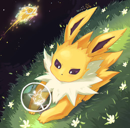 3_toes :3 ambiguous_feral ambiguous_gender black_inner_ear black_sclera detailed_background duo feet feral flower flying fur glowing glowing_body grass high-angle_view lamp light long_ears lying multicolored_body multicolored_fur neck_tuft night on_front outside plant quadruped sky solo_focus star starry_sky toes tuft two_tone_body two_tone_fur white_body white_eyes white_fur yellow_body yellow_ears yellow_fur nacl_chicken nintendo pokemon eeveelution generation_1_pokemon jolteon mammal pokemon_(species) 2026 absurd_res colored digital_media_(artwork) full-length_portrait hi_res lighting portrait shaded signature