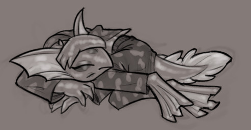 4_arms 5_eyes anthro clothed clothed_anthro clothed_female clothing curled_up eyes_closed feet female female_anthro fin flower_mouth head_fin lying membrane_(anatomy) multi_arm multi_eye multi_limb on_side pajamas sleeping solo tail toes webbed_feet young young_anthro young_female soulcentinel stargate junior_(stargate) alien aquatic goa'uld monochrome sketch