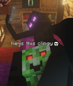 bed between_thighs bored duo electronics furniture glowing glowing_eyes happy holding_object holding_phone jack-o'-lantern lying lying_on_another lying_on_bed male night on_bed phone relaxing selfie size_difference skull_symbol text thighs_crossed pkngmne porkingmane i'm_this_clingy microsoft minecraft mojang xbox_game_studios creeper_(minecraft) enderman 3d_(artwork) absurd_res digital_media_(artwork) hi_res meme