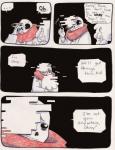 animated_skeleton black_sclera blood bodily_fluids bone clothed clothing comic dialogue english_text frisk_(undertale) human loverofpiggies male mammal melting not_furry sans_(undertale) skeleton teeth text undead undertale undertale_(series)