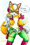 anthro beckoning bottomwear bulge clothed clothing dialogue fingerless_gloves fluffy fluffy_tail fur gesture gloves green_eyes gun handwear headgear holster humanoid_hands inviting jacket male open_bottomwear open_clothing open_jacket open_pants open_topwear orange_body orange_fur pants ranged_weapon scouter seductive solo tail text topwear weapon ulala_ko nintendo star_fox fox_mccloud canid canine fox mammal english_text hi_res traditional_media_(artwork)