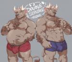 barazoku belly bulge clothing detailed_bulge duo genital_outline humanoid_hands kemono male moobs muscular navel nipples overweight overweight_male pecs penis_outline pubes simple_background tongue tongue_out underwear iwano.kal_(artist) bovid bovine cattle mammal 2020