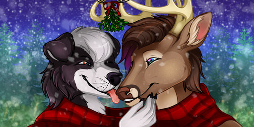 anthro antlers blep duo face_lick female holidays horn kissing licking male male/female mistletoe plant scarf smile snow tongue tongue_out tree mama-hyena christmas canid canine canis collie deer domestic_dog herding_dog mammal pastoral_dog sheepdog 2:1