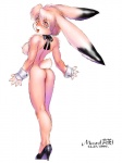 1997 3:4 5_fingers anthro back_groove bare_back big_breasts biped bow_(feature) breasts choker clothing female fingers footwear fur high_heels jewelry lagomorph leporid looking_at_viewer looking_back mammal necklace nipples pink_body pink_eyes pink_fur po-ju rabbit ribbons shoes shoulder_blades solo