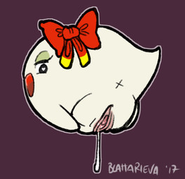 anus bodily_fluids bow_(feature) eyelashes female genital_fluids genitals heart_symbol looking_at_viewer looking_back not_furry plump_labia simple_background smile solo spread_vulva spreading vaginal_fluids vulva blattarieva mario_bros nintendo paper_mario lady_bow boo_(mario) ghost spirit 2017 digital_media_(artwork) low_res signature