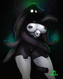 bone breasts covered_nipples female glowing glowing_eyes machine skull solo thick_thighs wet wet_body psyk323 animal_humanoid aquatic aquatic_humanoid cephalopod cephalopod_humanoid humanoid mollusk mollusk_humanoid octopus_humanoid robot robot_humanoid 2021 hi_res watermark