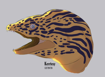 ambiguous_feral ambiguous_gender black_spots blue_eyes feral grey_background light markings multicolored_body multicolored_skin number open_mouth sharp_teeth simple_background solo spots spotted_body spotted_skin teeth text white_sclera yellow_body yellow_skin lunareel aquatic eel fish moray_eel 2018 artist_name colored dated digital_drawing_(artwork) digital_media_(artwork) english_description headshot_portrait lighting portrait shaded