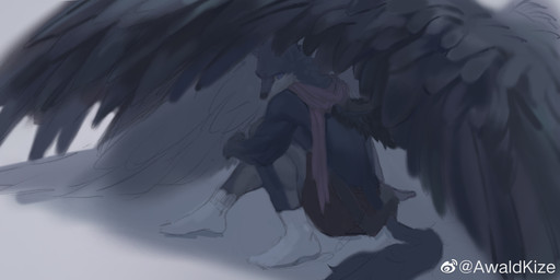 anthro black_body black_feathers black_fur black_nose black_wings blue_eyes bottomwear brown_bottomwear brown_clothing brown_shorts clothing feathered_wings feathers footwear fur male male_anthro scarf shorts side_view simple_background sitting socks solo text weibo_logo white_body white_clothing white_footwear white_fur white_socks wings awaldkize weibo avian canid canine hybrid mammal absurd_res artist_name hi_res