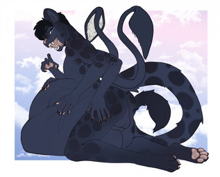 abdominal_bulge anthro anthro_pred backsack balls belly blue_eyes displeased genitals lying male multi_arm multi_balls multi_genitalia multi_limb on_front open_mouth oral_vore solo teeth tentacles tongue tongue_out unseen_prey vore flopflopps dungeons_and_dragons hasbro wizards_of_the_coast kafka kafka_dincht displacer_beast felid feline hybrid mammal monster hi_res