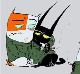 3_toes 4_fingers alternate_universe anthro anthro_on_anthro arm_around_neck arm_around_shoulders army_uniform black_body black_fur black_tail blood blood_on_face bodily_fluids bottomless bottomless_anthro bottomless_male chest_tuft cigarette cigarette_smoke clothed clothed_anthro clothed_male clothing collared_shirt duo eye_contact eyebrows feet fingers fur green_clothing green_sclera green_shirt green_topwear half-closed_eyes holding_cigarette holding_object long_ears looking_at_another looking_down looking_down_at_another looking_up_at_another male male_anthro male_on_anthro military military_clothing military_helmet military_uniform multicolored_body multicolored_fur narrowed_eyes on_ground orange_body orange_fur orange_tail pointy_ears prick_ears raised_eyebrow semi-anthro sharp_teeth shirt short_ears short_tail simple_background sitting smoke smoking smoking_cigarette tail teeth teeth_showing three-quarter_view toes topwear tuft two_tone_body two_tone_fur two_tone_head underbite uniform white_background white_body white_fur yellow_sclera cutoffcutiemark catscratch gear_(doug_tennapel) geer_(cutoffcutiemark) nickelodeon gordon_quid mr._blik domestic_cat felid feline felis mammal cropped brother_(lore) brothers_(lore) sibling_(lore)