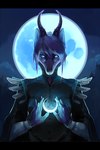 5_fingers anthro black_bars blue_eyes clothed clothing detailed_background eyewear female fingers glasses moon night outside sky solo juliathedragoncat rose_draconis canid canine hybrid mammal 2:3 digital_media_(artwork) hi_res