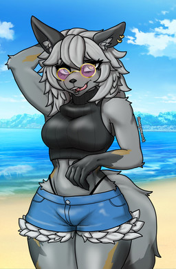 anthro beach blue_eyes bottomwear clothed clothed_anthro clothed_female clothing detailed_background ear_piercing eyewear female front_view fully_clothed fully_clothed_anthro fully_clothed_female fur glasses grey_body grey_fur grey_hair hair heterochromia multicolored_body multicolored_fur open_mouth piercing ring_piercing shorts solo standing sweater sweater_vest tail thong_straps tongue tongue_out topwear tuft vest yellow_eyes mangomaverick epic_games fortnite wolfie_(fortnite) canid canine canis mammal wolf 2026 absurd_res hi_res