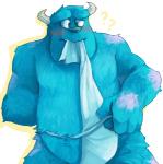 anthro asian_clothing blue_body blue_fur blush clothing east_asian_clothing fangs fundoshi fur horn japanese_clothing male question_mark simple_background solo teeth underwear white_background lowerkuo disney monsters_inc pixar sulley monster 2014