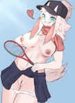 anthro blue_eyes bodily_fluids bottomwear breasts clothed clothing clothing_lift female genitals grin hat headgear headwear holding_object holding_racket looking_at_viewer nipples pussy shirt shirt_lift simple_background skirt skirt_lift smile solo topwear underwear white_body crescentfox0824 vanilla_(buta99) bovid caprine goat mammal absurd_res hi_res