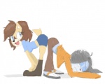 anthro ass_to_ass bent_over black_nose blue_body blue_eyes blue_fur blue_hair boots breasts brown_hair claws clothing duo female female/female footwear frown fur hair long_sleeves open_mouth sandals shoes smile tan_body tan_fur toe_claws unknown_artist sega sonic_the_hedgehog_(series) bump_the_deer fan_character sage_the_sloth deer mammal pilosan sloth xenarthran