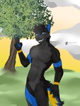 anthro athletic athletic_anthro athletic_male black_body black_fur blue_eyes fur gesture grey_body grey_fur hair hand_gesture looking_at_viewer male pecs simple_background smile solo tail v_sign conditional_dnp teremunart canid canine canis domestic_dog mammal wolf character_request hi_res