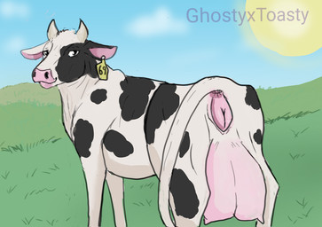 anus breasts butt female feral genitals grass horn hyper_udders nipples outside plant raised_tail solo sun tail tail_anus teats udders vulva ghostyxtoasty bovid bovine cattle mammal