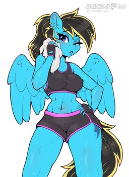 abs anthro black_hair blonde_highlights blue_body blue_eyes bodily_fluids bottomwear bra breasts clothing collarbone dolphin_shorts ear_piercing ear_ring exercise eyebrow_through_hair eyebrows eyelashes feathered_wings feathers female fingerless_gloves glistening gloves hair hand_on_hip handwear highlights_(coloring) looking_at_viewer midriff navel nipple_outline one_eye_closed piercing ring_piercing shorts solo sports_bra sweat tight_clothing towel translucent translucent_hair underwear wings workout dandy_(artist) hasbro my_little_pony mythology fan_character equid equine mammal mythological_creature mythological_equine pegasus 2023 absurd_res hi_res