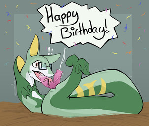 2_penises animal_genitalia animal_penis autotonguejob birthday bodily_fluids confetti cum ejaculation eyewear feral genital_fluids genitals glasses green_body hemipenes licking long_tongue male masturbation multi_genitalia multi_penis oral oral_masturbation penile penis penis_lick sex solo surprised text tongue tongue_out tonguejob flowerbud nintendo pokemon venus_(flowerbud) generation_5_pokemon pokemon_(species) serperior