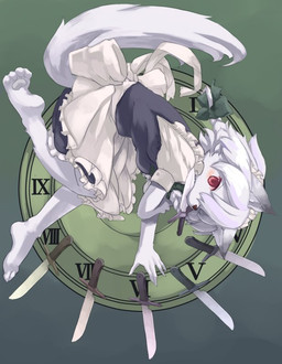anthro barefoot braided_hair clothed clothing feet female grey_hair hair maid_headdress maid_uniform pawpads plantigrade_pawpads solo uniform white_hair kishibe touhou sakuya_izayoi