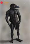 anthro avian_feet balls beak bedroom_eyes big_feet big_penis blush claws feet fluffy fluffy_tail foreskin genitals glowing glowing_eyes hand_on_hip looking_at_viewer male muscular muscular_male narrowed_eyes nipples penis realistic seductive simple_background smile smiling_at_viewer smirk smirking_at_viewer solo tail toe_claws xcoreus patreon abraham_(xcoreus) avian bird corvid corvus_(genus) oscine passerine raven hi_res shaded