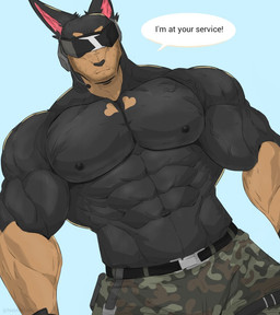 abs anthro army army_clothing army_outfit barazoku belt biceps big_muscles big_pecs black_belt black_body black_clothing black_fur black_gloves black_handwear blue_background bottomwear camo camo_bottomwear camo_clothing camo_pants camo_print chest_focus clothed clothing dialogue electronics fur gloves green_bottomwear green_clothing green_pants handwear headgear headphones headset headset_microphone heart_symbol looking_at_viewer looking_down looking_down_at_viewer low-angle_view male manly military military_clothing military_pants military_uniform muscular muscular_anthro muscular_male orange_body orange_fur pants pattern_bottomwear pattern_clothing pattern_pants pecs showing_off_muscles simple_background soldier solo speech_bubble standing text thick_arms topless topless_anthro topless_male tough_guy uniform visor warrior reachea alfonz_(reachea) canid canine canis dobermann domestic_dog mammal pinscher english_text