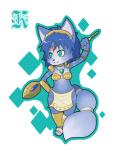 3_toes anthro black_nose blue_body blue_fur blue_hair feet female fur green_eyes hair jewelry melee_weapon polearm short_hair solo staff toes tribal weapon white_body white_fur momorodent mopinks nintendo star_fox krystal_(star_fox) canid canine fox mammal