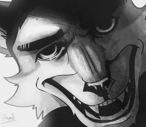anthro close-up evil_face evil_grin fangs fur humor male multicolored_body multicolored_fur parody sinister_smile smile smiling_at_viewer solo teeth tongue two_tone_body two_tone_fur pinumontbalou epic_games fortnite kamen_rider kamen_rider_555 wendell_(fortnite) canid canine canis mammal wolf greyscale meme monochrome