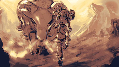 attack breath chasing clothed clothing detailed_background duo female feral horn larger_feral looking_at_viewer male navel outside quadruped running scared size_difference smaller_humanoid young diathorn goatgirl_(diathorn) bovid caprine goat horned_humanoid humanoid mammal 16:9 monochrome sepia widescreen