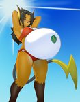 anthro belly belly_gem big_belly bikini blush breasts clothed clothing dark_hair evolutionary_stone female gem hands_behind_head looking_at_viewer low-angle_view navel navel_accessory navel_jewelry one_eye_closed partially_clothed pokeball pokeball_clothing pose pregnant pregnant_anthro pregnant_female sky solo sun swimwear thick_thighs thunder_stone two-piece_swimsuit papa_soul nintendo pokemon meirai_(fossildiggerstudios) generation_1_pokemon hybrid mammal mouse murid murine pokemon_(species) raichu rodent hi_res