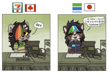 anthro black_hair canadian_flag checkout cheek_tuft clothing convenience_store dialogue duo ear_piercing earhole eyebrows eyes_closed facial_tuft fangs female fluffy_ears gradient_background hair hands_on_table highlights_(coloring) japanese_flag kombini long_hair paws_on_table piercing short_ears short_hair simple_background smile speech_bubble teeth text themed tuft uniform whiskers yellow_sclera bearsockz 7-eleven familymart mammal procyonid raccoon comic hi_res japanese_text translated