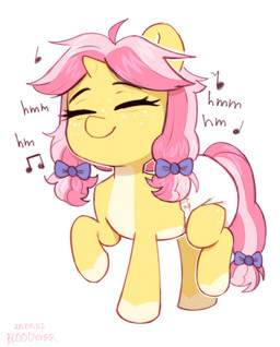 bow_accessory diaper eyes_closed female feral hair happy horn humming multicolored_body pink_hair pink_tail ponytail simple_background smile solo solo_focus tail two_tone_body white_background yellow_body young young_female bloodymrr hasbro my_little_pony mythology fan_character equid equine mammal mythological_creature mythological_equine unicorn absurd_res full-length_portrait hi_res portrait