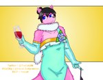 black_hair blue_eyes clothed clothing dress female glass_of_wine gloves gold_(metal) hair handwear latex latex_clothing latex_gloves latex_handwear pink_body scarf solo tracat canid canine canis humanoid mammal wolf absurd_res hi_res