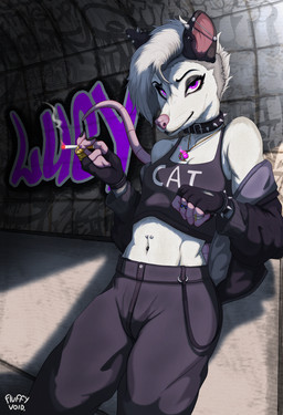 alternative_fashion anthro armband belly black_clothing black_lips bottomwear breasts choker cigarette clothing collar crop_top detailed_background ear_piercing ear_ring female fingerless_gloves gloves goth graffiti hair handwear hoodie industrial_piercing jewelry lips multiple_piercings navel navel_piercing necklace pants piercing purple_eyes ring ring_piercing shaved_head shirt small_breasts smoking solo spiked_armband spiked_collar spikes text topwear undercut whiskers white_body white_hair fluffy_void american_opossum mammal marsupial virginia_opossum hi_res
