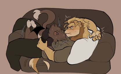 anthro arm_hair blonde_hair blush blush_lines bodily_fluids body_hair bottomwear brown_background brown_body brown_bottomwear brown_clothing brown_fur brown_hair brown_neck brown_pants brown_shirt brown_sofa brown_t-shirt brown_tail brown_topwear cellphone clothed clothed_anthro clothed_male clothing dipstick_tail duo electronics face_on_chest feet female fully_clothed fully_clothed_anthro fully_clothed_male fur furniture hair holding_cellphone holding_object holding_phone holding_smartphone looking_at_another lying male markings motion_lines mouth_closed multicolored_body multicolored_fur on_back pants phone pillow question_mark shirt simple_background smartphone sofa sound_effects sweat t-shirt tail tail_markings tan_body tan_feet tan_fur tan_tail_tip tear_trough topwear yellow_tail chewtoyys biscuit_(chewtoyys) lucky_(chewtoyys) bird_dog canid canine canis domestic_cat domestic_dog felid feline felis golden_retriever hunting_dog mammal mixed_breed retriever 2025 digital_drawing_(artwork) digital_media_(artwork)