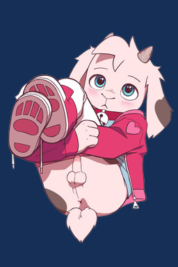 4_fingers anthro anus balls bell bell_collar blue_clothing blue_eyes blue_shirt blue_topwear blush blush_lines circumcised clothing collar fingers footwear genitals head_tuft heart_(marking) hoodie horn humanoid_genitalia humanoid_penis innocent_expression legwear male markings open_shoelaces pawpad_shoes pawpads penis pink_clothing pink_footwear pink_shoes pleading_eyes presenting presenting_anus presenting_balls presenting_penis raphe_(anatomy) shirt shoes short_snout solo thigh_highs topwear tuft young young_anthro young_male zipper_pull_tab minishadefox bovid caprine goat mammal 2:3 absurd_res alpha_channel cel_shading hi_res shaded