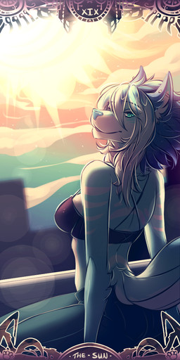 blue_body blue_eyes blue_fur clothed clothing female fur hair looking_at_viewer piercing sitting solo sun underwear white_body white_fur white_hair tanks_(artist) canid canine mammal 1:2 2017 hi_res