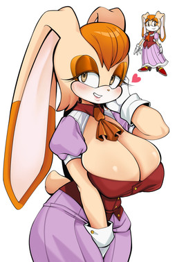anthro big_breasts big_ears blush blush_lines breasts brown_eyes brown_nose cleavage clothed clothing dipstick_ears dress ear_markings eyelashes female floppy_ears fur gloves handwear head_tuft heart_symbol huge_breasts long_ears looking_at_viewer lop_ears multicolored_ears nipple_outline orange_body orange_fur purple_clothing purple_dress red_clothing red_topwear red_vest simple_background smile solo tan_body tan_fur topwear tuft vest white_background white_body white_clothing white_fur white_gloves white_handwear wide_hips niucniuc sega sonic_the_hedgehog_(series) vanilla_the_rabbit lagomorph leporid mammal rabbit hi_res