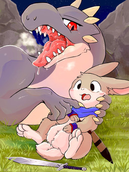 4_toes ambiguous_gender anthro black_eyes blush bodily_fluids breath brown_body brown_fur claws clothing countershading detailed_background drooling duo featureless_crotch feet feral fingers fur glistening grass grey_body horn imminent_vore larger_ambiguous lying male melee_weapon multicolored_body multicolored_fur night on_back open_mouth outside pink_tongue plant red_eyes rock saliva saliva_on_tongue saliva_string scales scarf sharp_teeth size_difference sky smaller_male star starry_sky sword tail tan_body tears teeth toes tongue tongue_out tuft weapon white_body young fusau mythology dragon lagomorph leporid mammal mythological_creature mythological_scalie rabbit scalie 2023 detailed digital_media_(artwork) hi_res