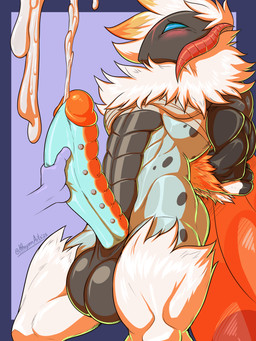 abs abstract_background anthro arms_tied balls bandage bandaged_chest biped black_balls black_body black_markings blue_eyes blue_penis blue_sclera bodily_fluids bound cum cumshot ejaculation erection frenum_piercing fur genital_fluids genital_piercing genitals glans grey_body hair hands_behind_back highlights_(coloring) horn humanoid_genitalia humanoid_penis male markings mouthless multicolored_body multicolored_penis nude nude_anthro nude_male orange_body orange_fur orange_glans orange_highlights orange_penis orange_wings penis penis_piercing piercing shaft_divide simple_background solo spots text two_tone_body two_tone_penis white_body white_fur white_hair wings khayen nintendo pokemon azura_(kataou) generation_5_pokemon pokemon_(species) volcarona 2025 3:4 absurd_res artist_name colored digital_drawing_(artwork) digital_media_(artwork) english_text hi_res signature