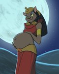 anthro belly big_belly black_hair breasts clothed clothing cute_fangs female full_moon green_eyes hair hand_on_belly hand_on_own_belly headdress holding_belly long_hair looking_at_viewer moon navel night outie_navel pregnant pregnant_anthro pregnant_female sand_dune side_view smile smiling_at_viewer smirk solo star uraeus convexpert disney disney's_aladdin mirage_(disney) domestic_cat felid feline felis mammal absurd_res digital_media_(artwork) hi_res