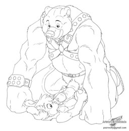 adult_on_young age_difference anthro anthro_on_anthro ball_fondling balls bdsm bodily_fluids bondage bound cum dominant dominant_male duo ear_piercing erection fondling genital_fluids genitals harness humanoid_genitalia humanoid_penis larger_dom leather leather_daddy male male/male nude penis penis_in_face piercing sex size_difference straddling submissive submissive_male young young_anthro young_male wolfblade roni_collins bear border_collie canid canine canis collie domestic_dog herding_dog mammal pastoral_dog sheepdog black_and_white line_art monochrome
