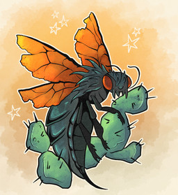 abstract_background ambiguous_gender antennae_(anatomy) cactus compound_eyes feral five_pointed_star insect_wings orange_wings plant solo spikes spikes_(anatomy) star wings han_(artist) fallout microsoft arthropod cazador_(fallout) insect english_description hi_res